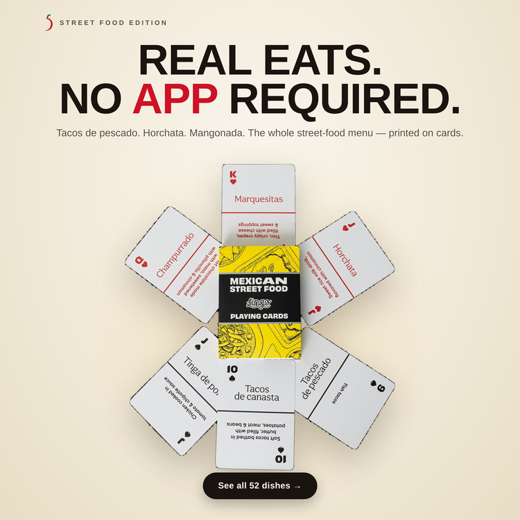 Mexican Street Food – cards fanned around the box, each showing a Mexican street food term