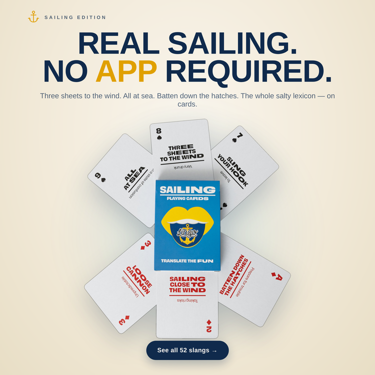 Sailing Lingo Playing Cards – cards fanned around the box, each showing a sailing term