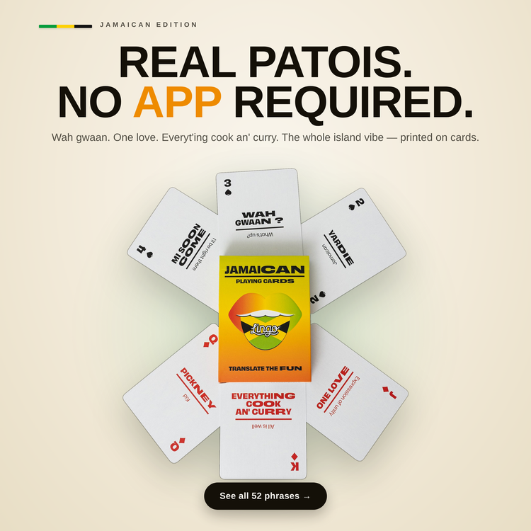 Jamaican Lingo Playing Cards – cards fanned around the box, each showing a Jamaican slang phrase