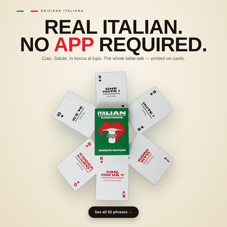 Italian Lingo Playing Cards – cards fanned around the box, each showing an Italian phrase with its English translation