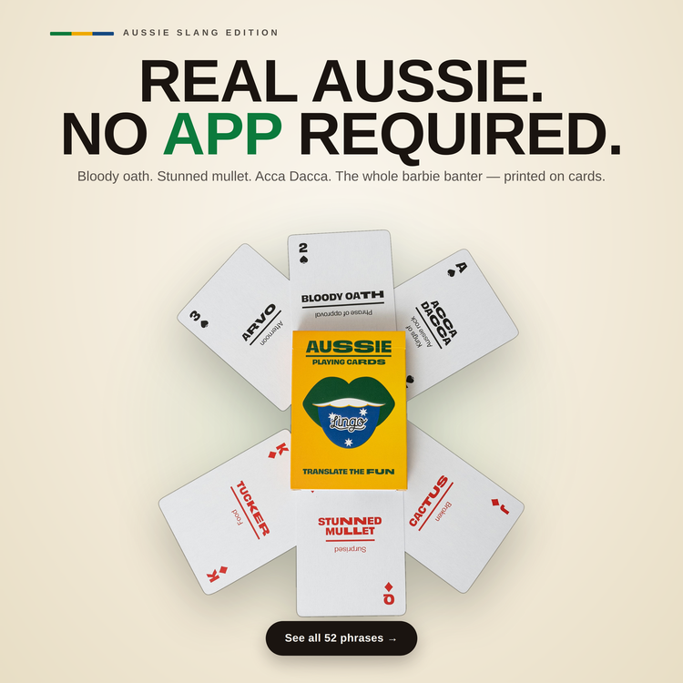Aussie Lingo Playing Cards – cards fanned around the box, each showing an Aussie slang phrase