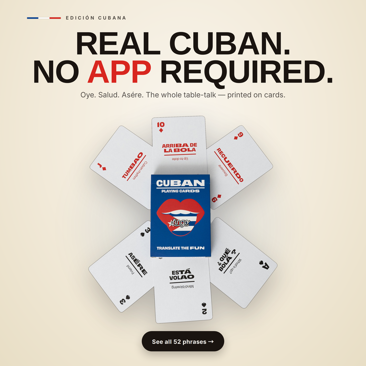 Cuban Lingo Playing Cards – cards fanned around the box, each showing a Cuban phrase with its English translation