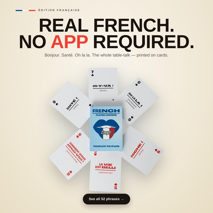 French Travel Tin – cards fanned around the box, each showing a French phrase with its English translation