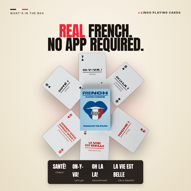 French Lingo Playing Cards – cards fanned around the box, each showing a French phrase with its English translation