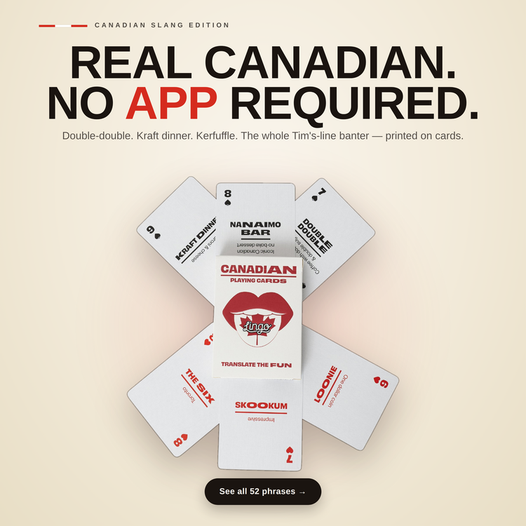 Canadian Lingo Playing Cards – cards fanned around the box, each showing a Canadian slang phrase