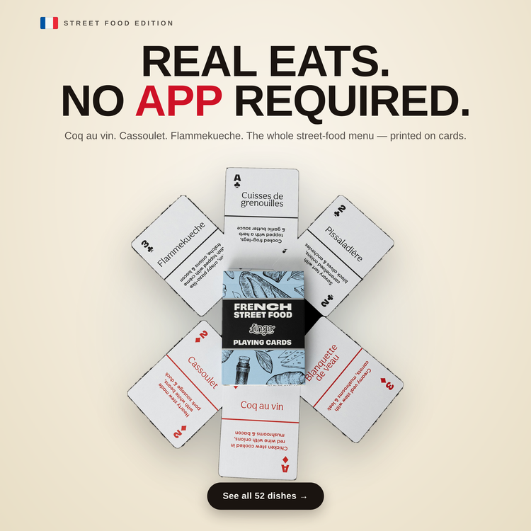 French Street Food – cards fanned around the box, each showing a French street food term