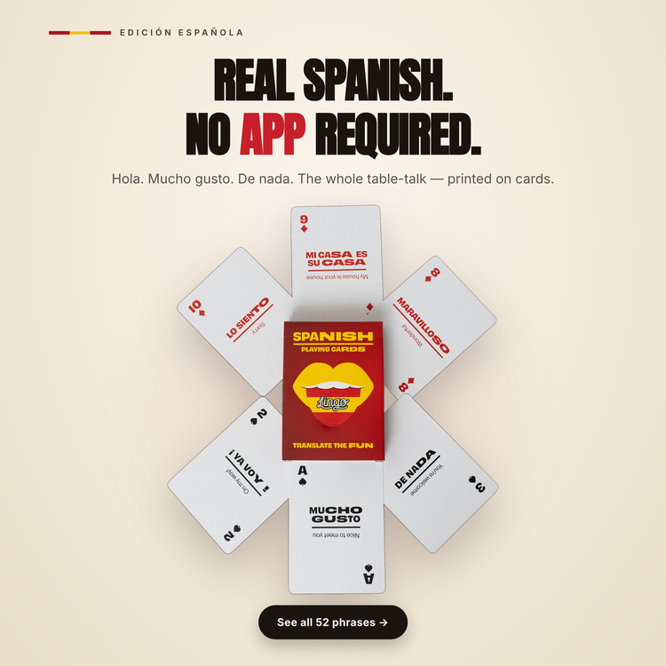 Spanish Lingo Playing Cards – cards fanned around the box, each showing a Spanish phrase with its English translation