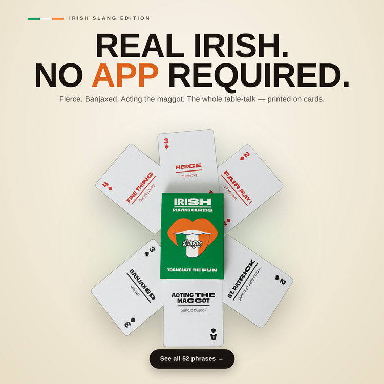 Irish Lingo Playing Cards – cards fanned around the box, each showing an Irish slang phrase