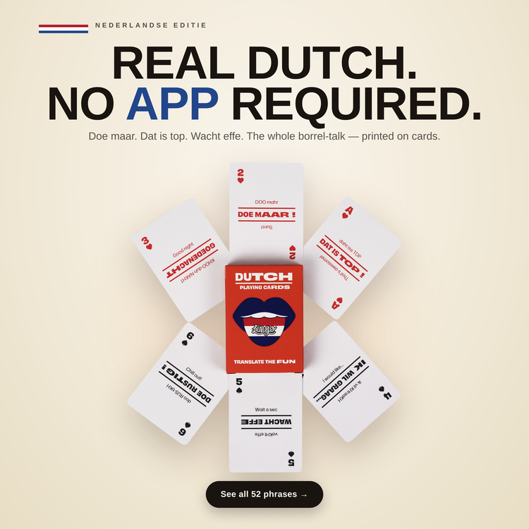 Dutch Lingo Playing Cards – cards fanned around the box, each showing a Dutch phrase with its English translation