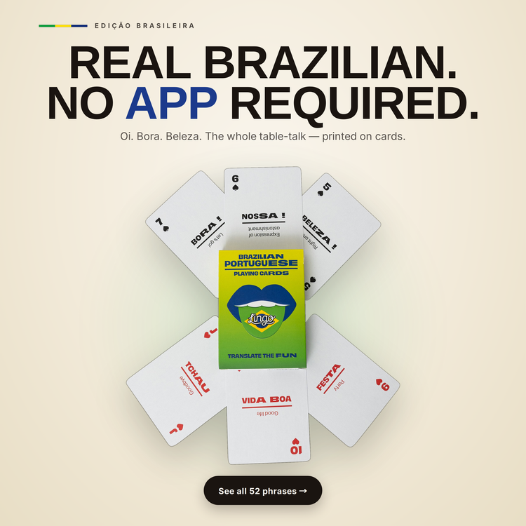 Brazilian Lingo Playing Cards – cards fanned around the box, each showing a Brazilian phrase with its English translation