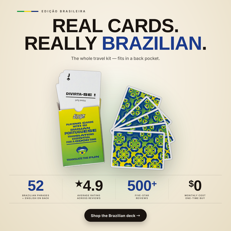 Brazilian Lingo Playing Cards – box and cards with key facts and star rating