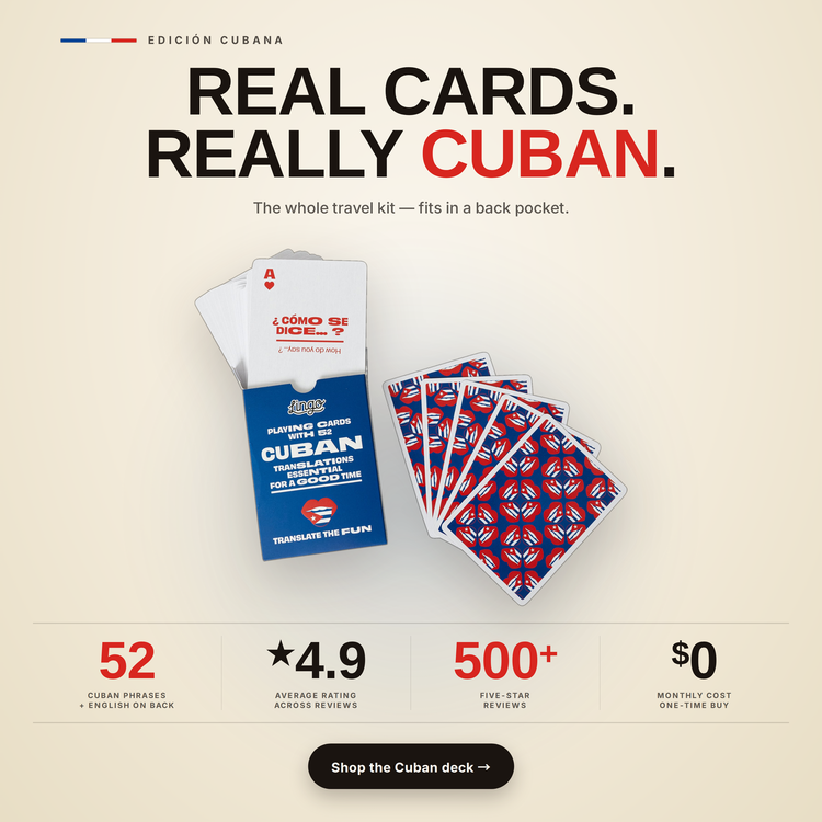 Cuban Lingo Playing Cards – box and cards with key facts and star rating