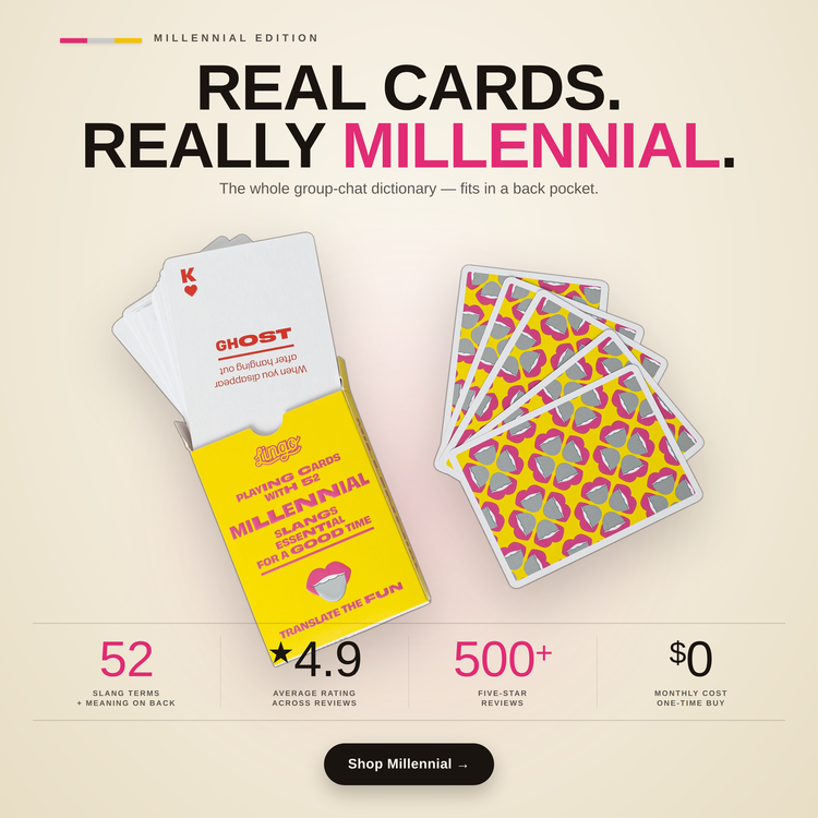Millennial Lingo Playing Cards – box and cards with key facts and star rating