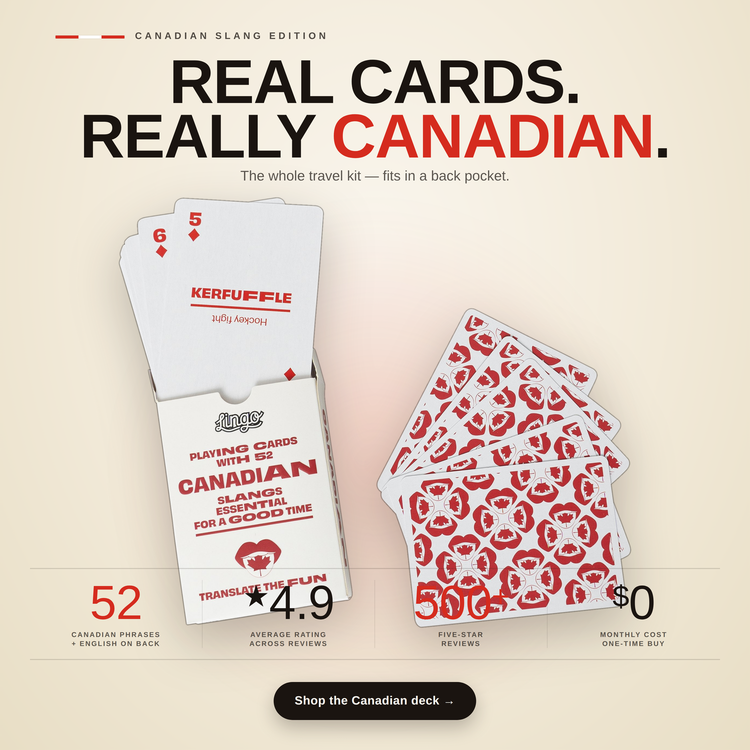 Canadian Lingo Playing Cards – box and cards with key facts and star rating