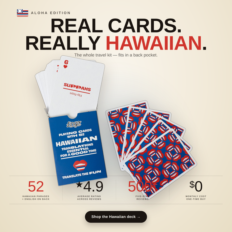 Hawaiian Lingo Playing Cards – box and cards with key facts and star rating