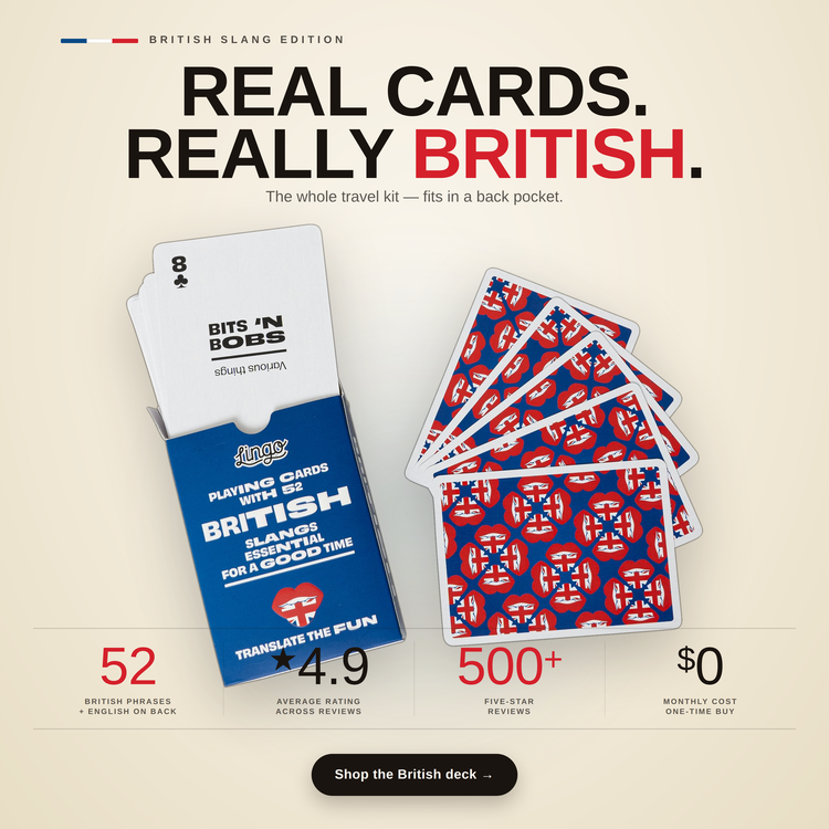 British Lingo Playing Cards – box and cards with key facts and star rating