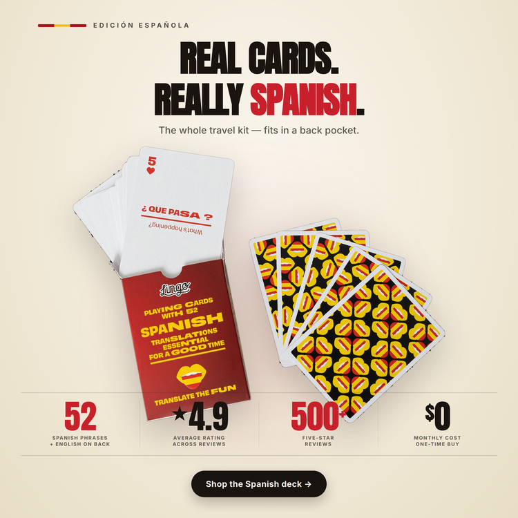 Spanish Lingo Playing Cards – box and cards with key facts and star rating