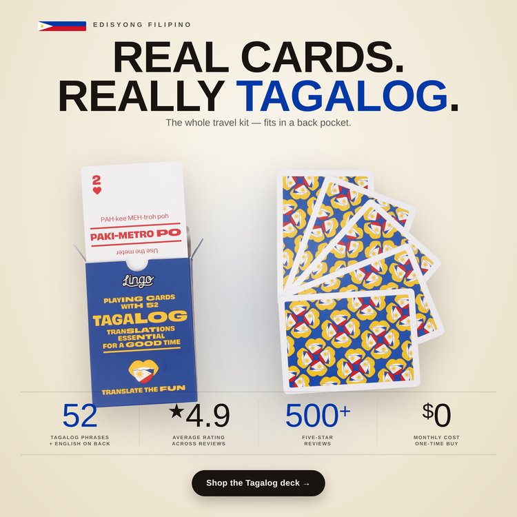 Tagalog Lingo Playing Cards – box and cards with key facts and star rating