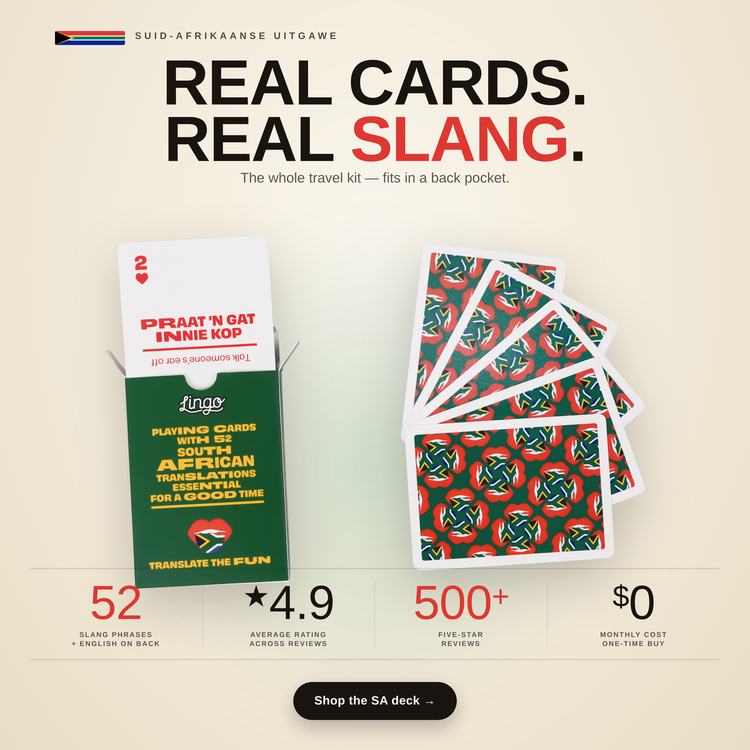 South African Lingo Playing Cards – box and cards with key facts and star rating