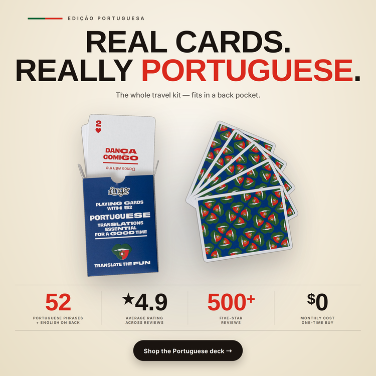 Portuguese Lingo Playing Cards – box and cards with key facts and star rating