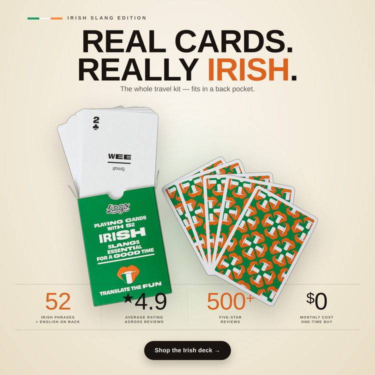 Irish Lingo Playing Cards – box and cards with key facts and star rating