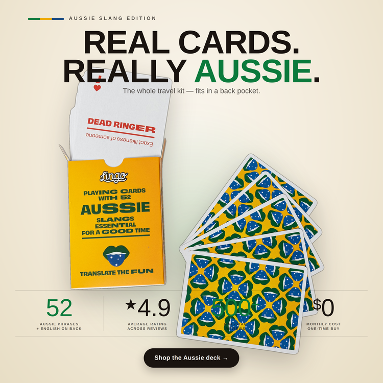 Aussie Lingo Playing Cards – box and cards with key facts and star rating