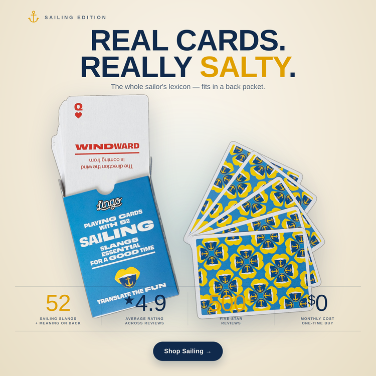 Sailing Lingo Playing Cards – box and cards with key facts and star rating