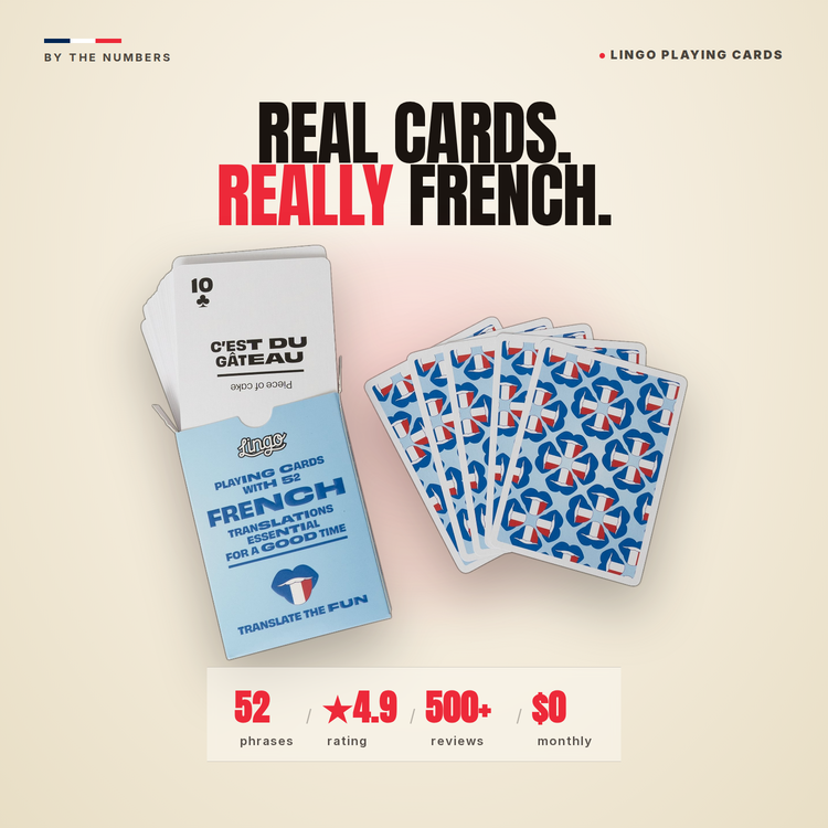 French Lingo Playing Cards – box and cards with key facts and star rating