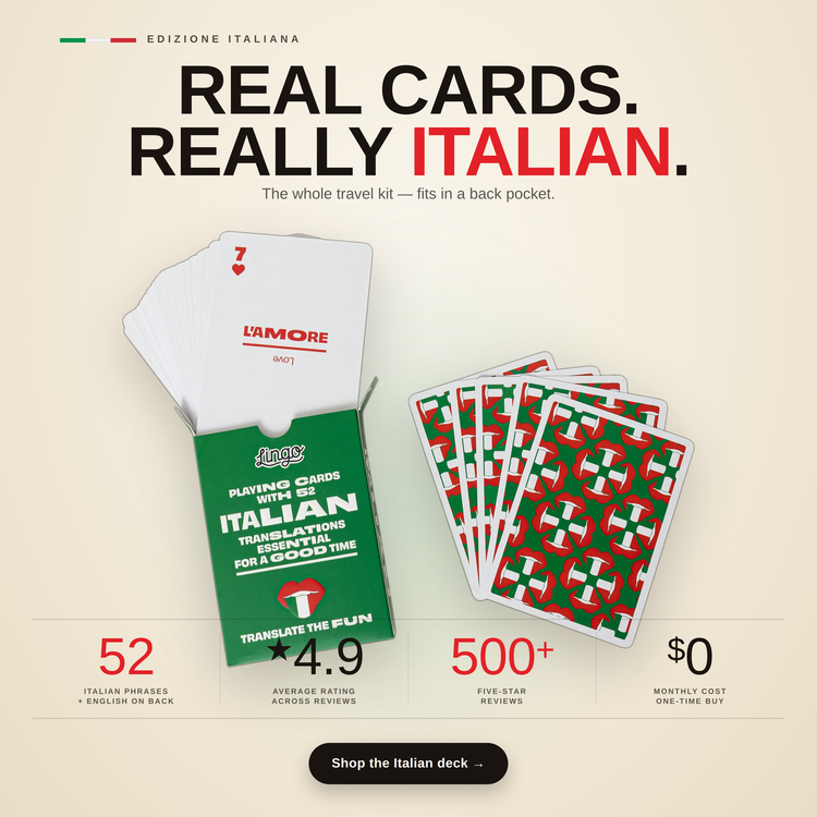 Italian Lingo Playing Cards – box and cards with key facts and star rating