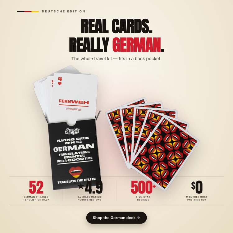 German Lingo Playing Cards – box and cards with key facts and star rating