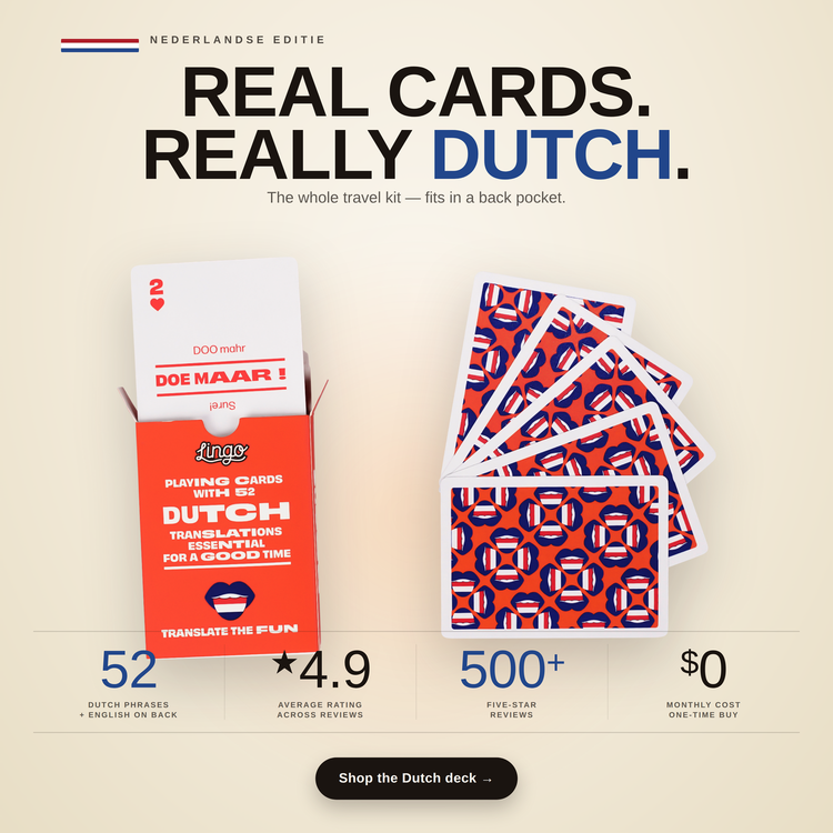 Dutch Lingo Playing Cards – box and cards with key facts and star rating