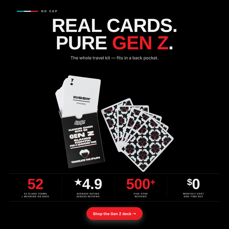 Gen Z Lingo Playing Cards – box and cards with key facts and star rating