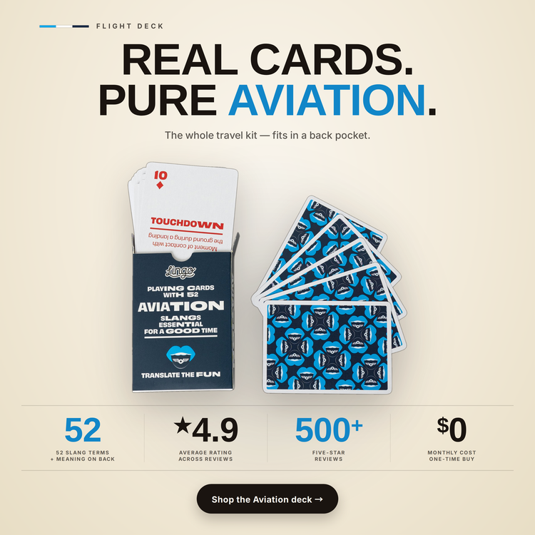 Aviation Lingo Playing Cards – box and cards with key facts and star rating