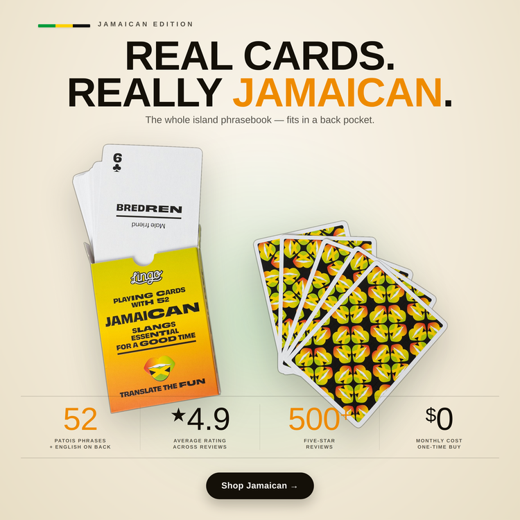 Jamaican Lingo Playing Cards – box and cards with key facts and star rating