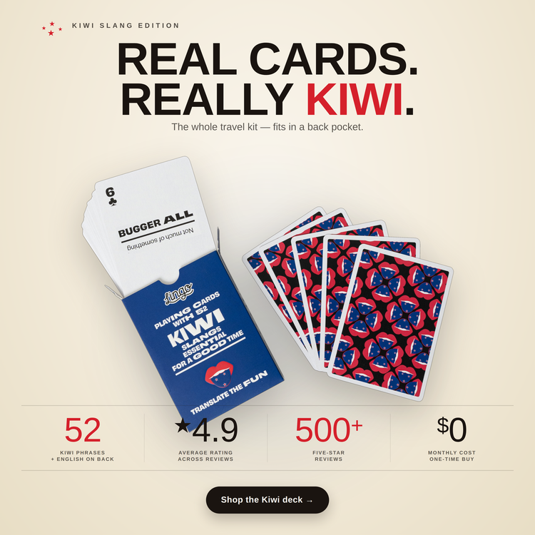 Kiwi Lingo Playing Cards – box and cards with key facts and star rating