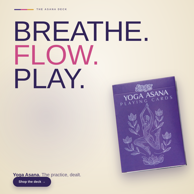 Yoga Playing Cards – box beside bold headline text