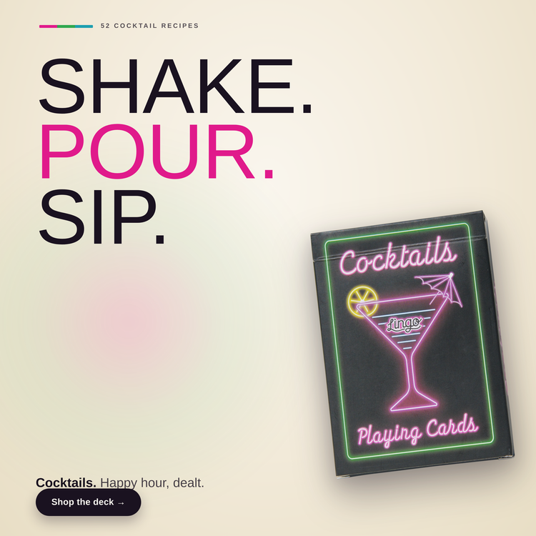 Cocktails Playing Cards – box beside bold headline text