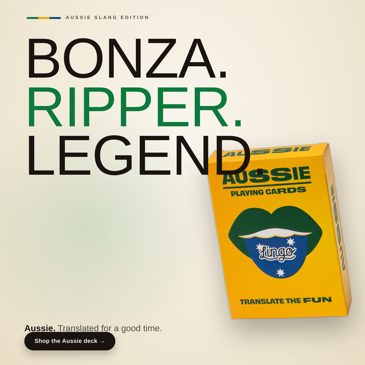 Aussie Lingo Playing Cards – box beside bold headline text