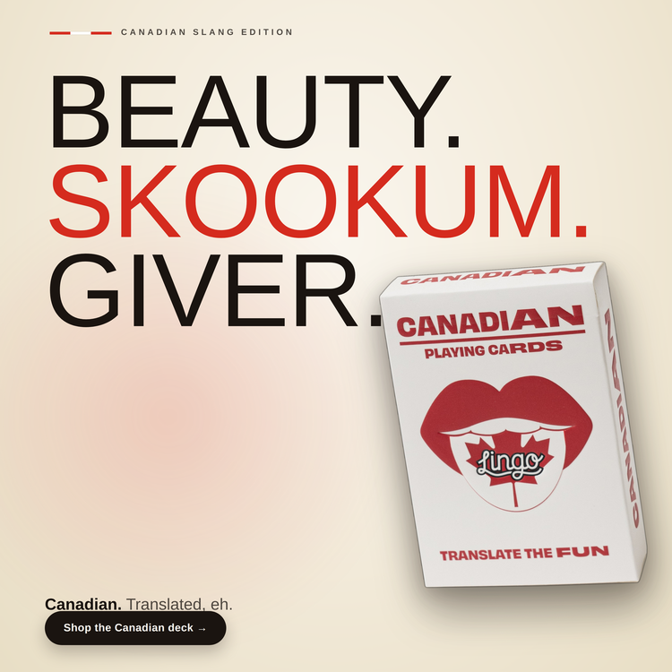 Canadian Lingo Playing Cards – box beside bold headline text