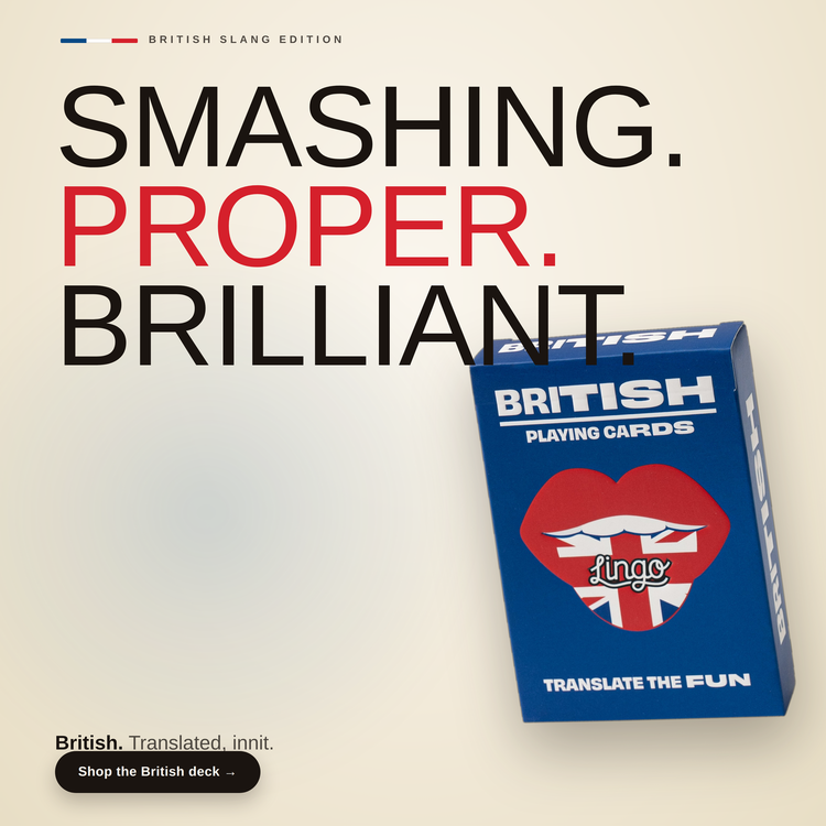 British Lingo Playing Cards – box beside bold headline text