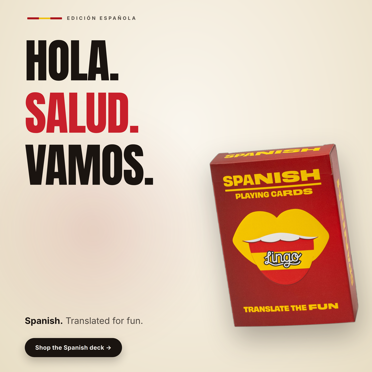 Spanish Lingo Playing Cards – box beside bold headline text