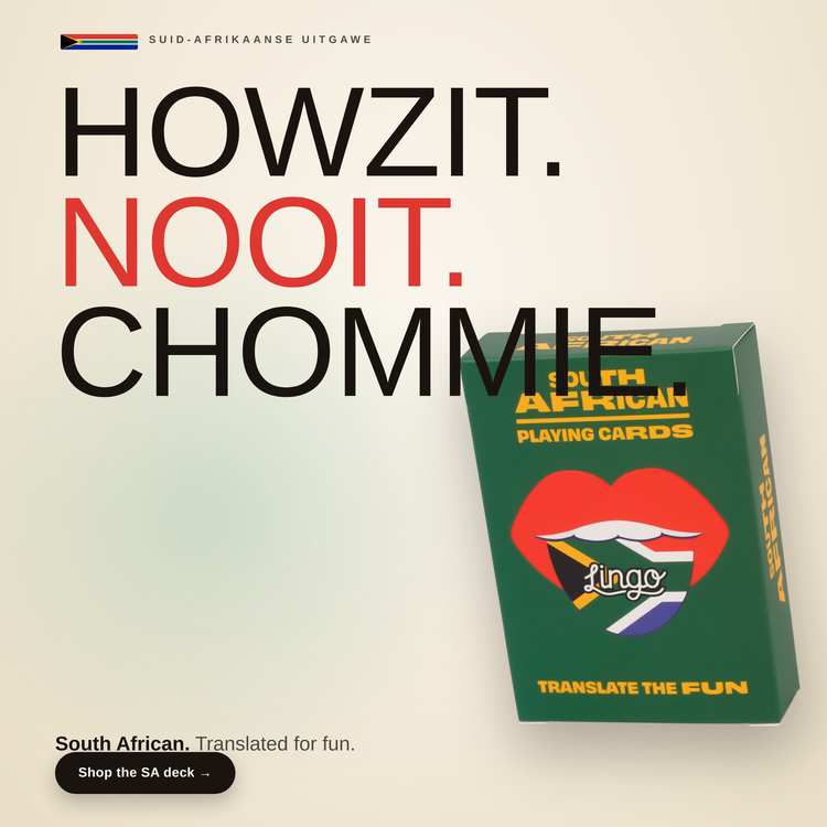 South African Lingo Playing Cards – box beside bold headline text