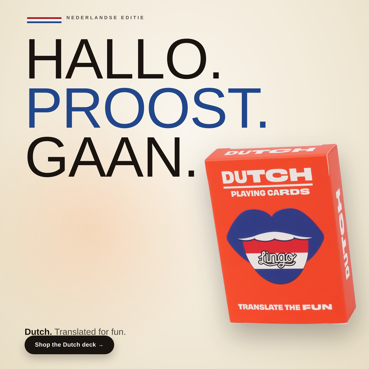 Dutch Lingo Playing Cards – box beside bold headline text