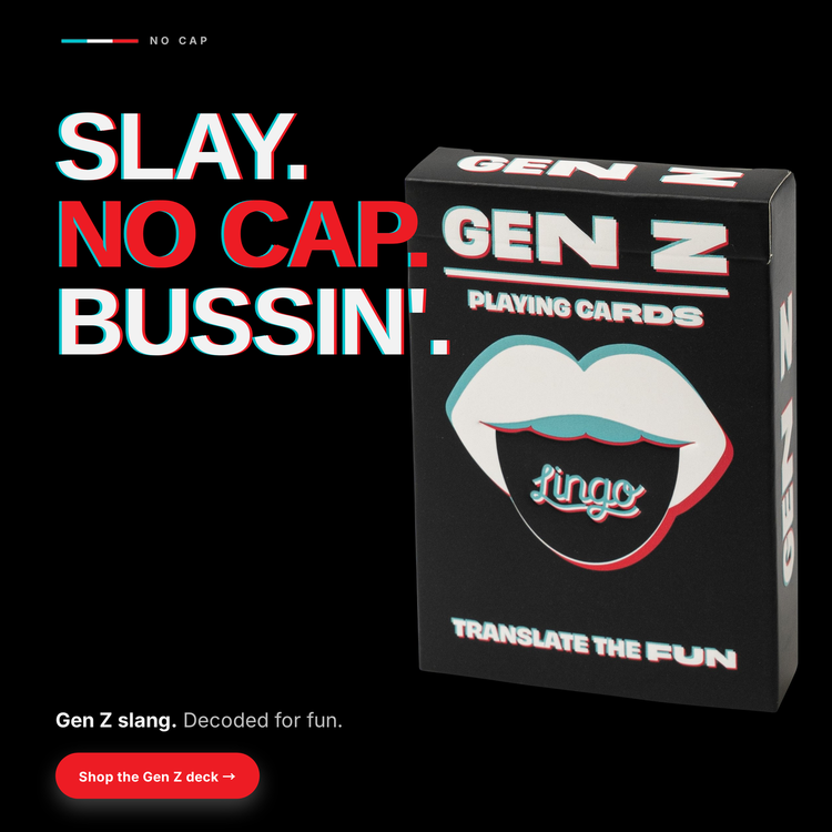 Gen Z Lingo Playing Cards – box beside bold headline text