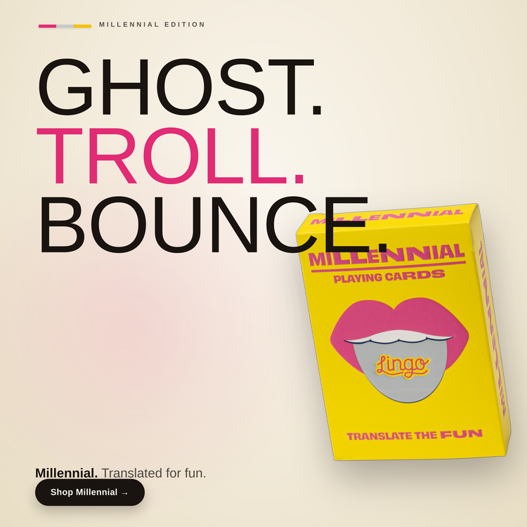 Millennial Lingo Playing Cards – box beside bold headline text