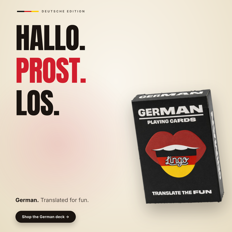 German Lingo Playing Cards – box beside bold headline text