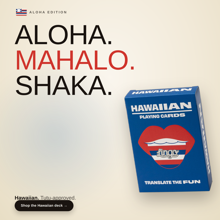 Hawaiian Lingo Playing Cards – box beside bold headline text