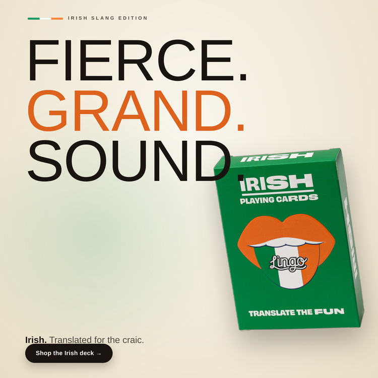 Irish Lingo Playing Cards – box beside bold headline text