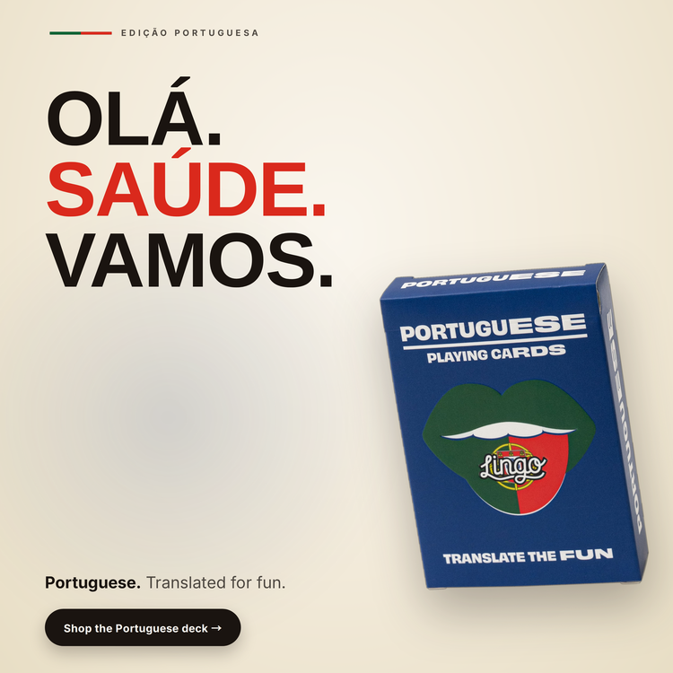Portuguese Lingo Playing Cards – box beside bold headline text