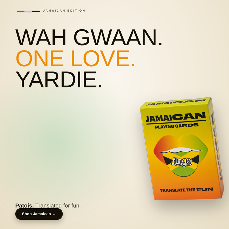Jamaican Lingo Playing Cards – box beside bold headline text